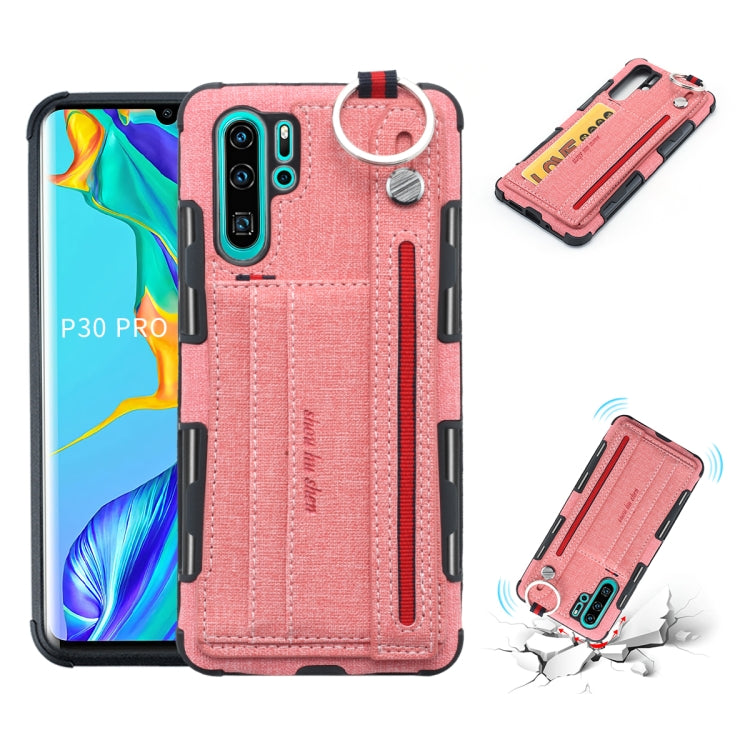 For Huawei P30 Pro Cloth Texture + TPU Shockproof Protective Case with Metal Ring & Holder & Card Slots & Hanging Strap