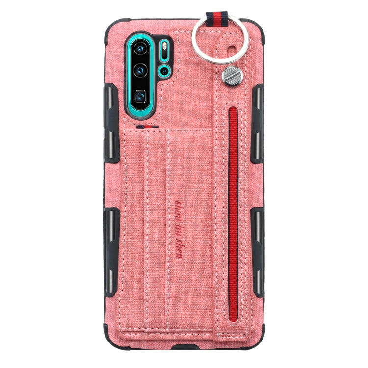 For Huawei P30 Pro Cloth Texture + TPU Shockproof Protective Case with Metal Ring & Holder & Card Slots & Hanging Strap