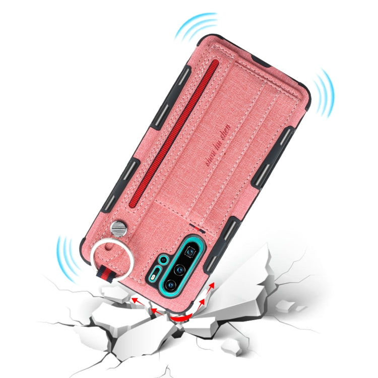 For Huawei P30 Pro Cloth Texture + TPU Shockproof Protective Case with Metal Ring & Holder & Card Slots & Hanging Strap