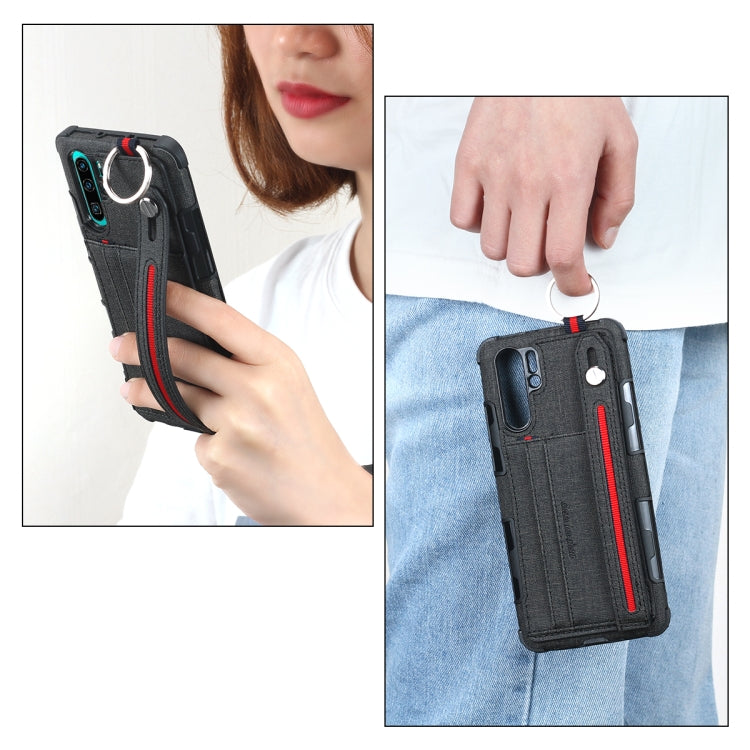 For Huawei P30 Pro Cloth Texture + TPU Shockproof Protective Case with Metal Ring & Holder & Card Slots & Hanging Strap