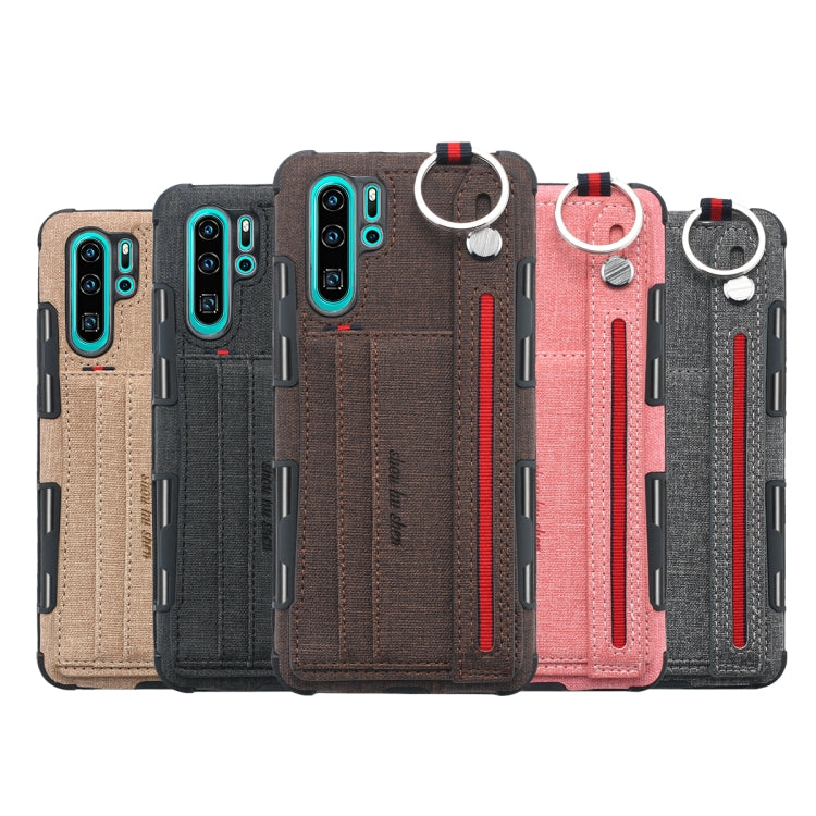 For Huawei P30 Pro Cloth Texture + TPU Shockproof Protective Case with Metal Ring & Holder & Card Slots & Hanging Strap