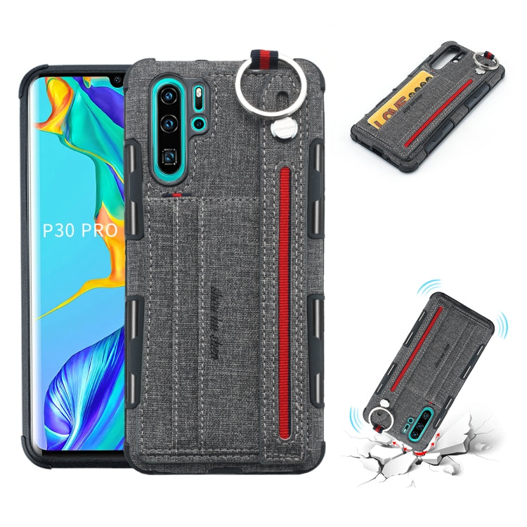For Huawei P30 Pro Cloth Texture + TPU Shockproof Protective Case with Metal Ring & Holder & Card Slots & Hanging Strap