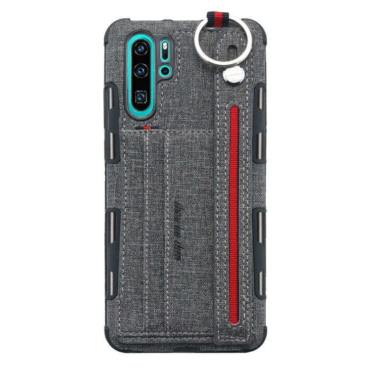 For Huawei P30 Pro Cloth Texture + TPU Shockproof Protective Case with Metal Ring & Holder & Card Slots & Hanging Strap