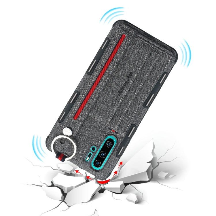 For Huawei P30 Pro Cloth Texture + TPU Shockproof Protective Case with Metal Ring & Holder & Card Slots & Hanging Strap