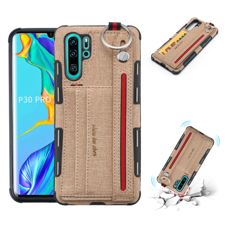 For Huawei P30 Pro Cloth Texture + TPU Shockproof Protective Case with Metal Ring & Holder & Card Slots & Hanging Strap