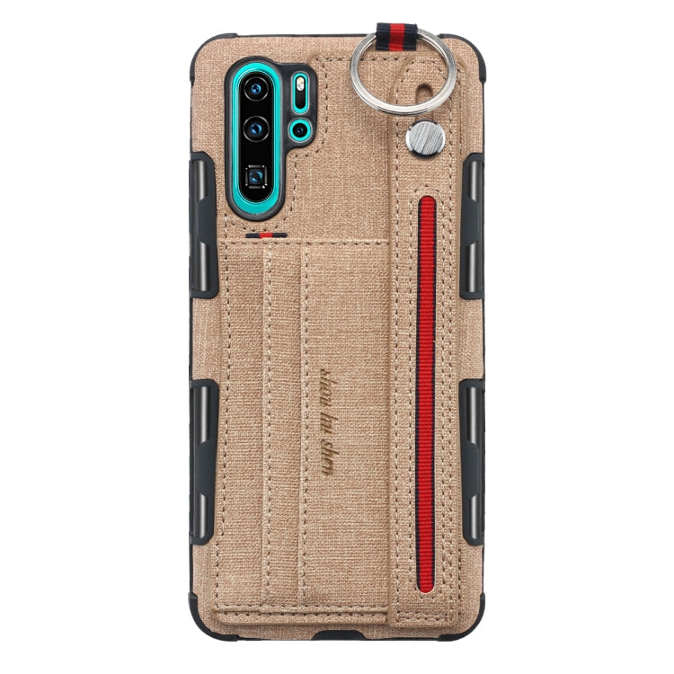 For Huawei P30 Pro Cloth Texture + TPU Shockproof Protective Case with Metal Ring & Holder & Card Slots & Hanging Strap