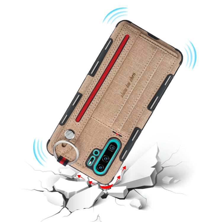 For Huawei P30 Pro Cloth Texture + TPU Shockproof Protective Case with Metal Ring & Holder & Card Slots & Hanging Strap