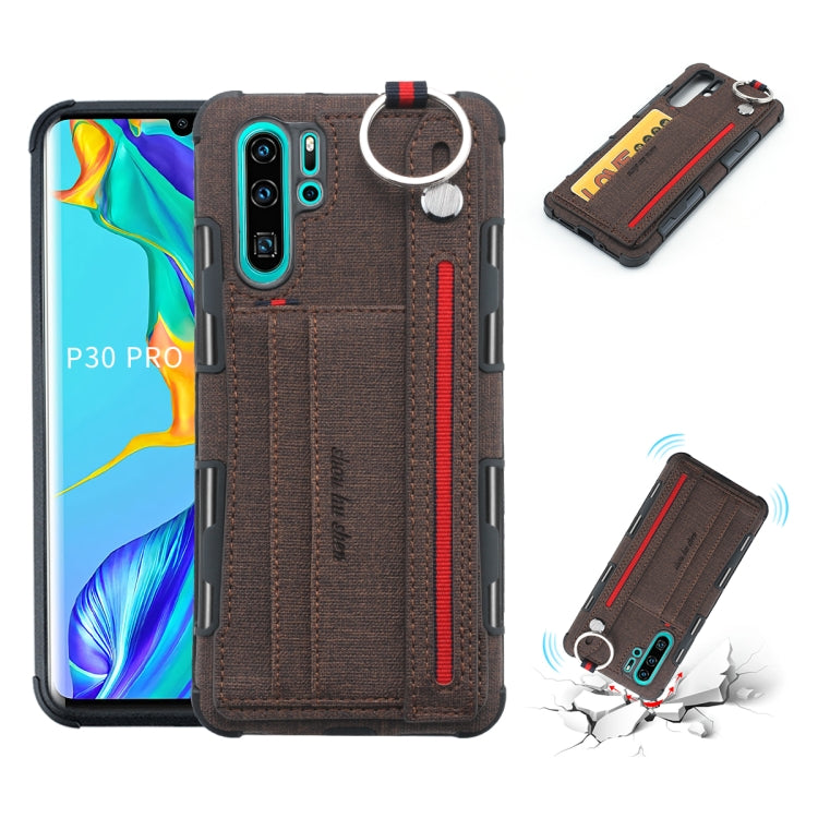 For Huawei P30 Pro Cloth Texture + TPU Shockproof Protective Case with Metal Ring & Holder & Card Slots & Hanging Strap