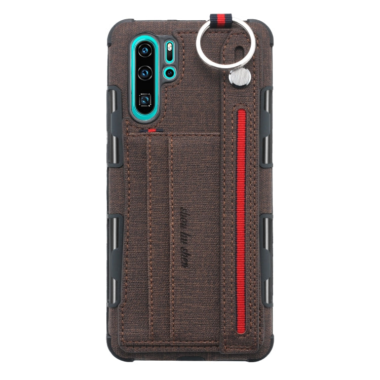 For Huawei P30 Pro Cloth Texture + TPU Shockproof Protective Case with Metal Ring & Holder & Card Slots & Hanging Strap