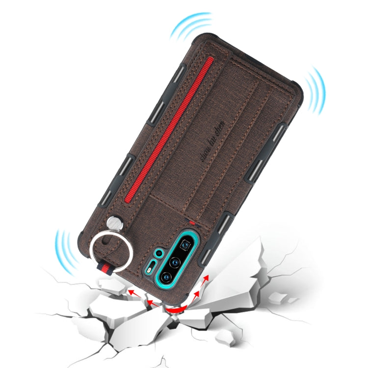For Huawei P30 Pro Cloth Texture + TPU Shockproof Protective Case with Metal Ring & Holder & Card Slots & Hanging Strap