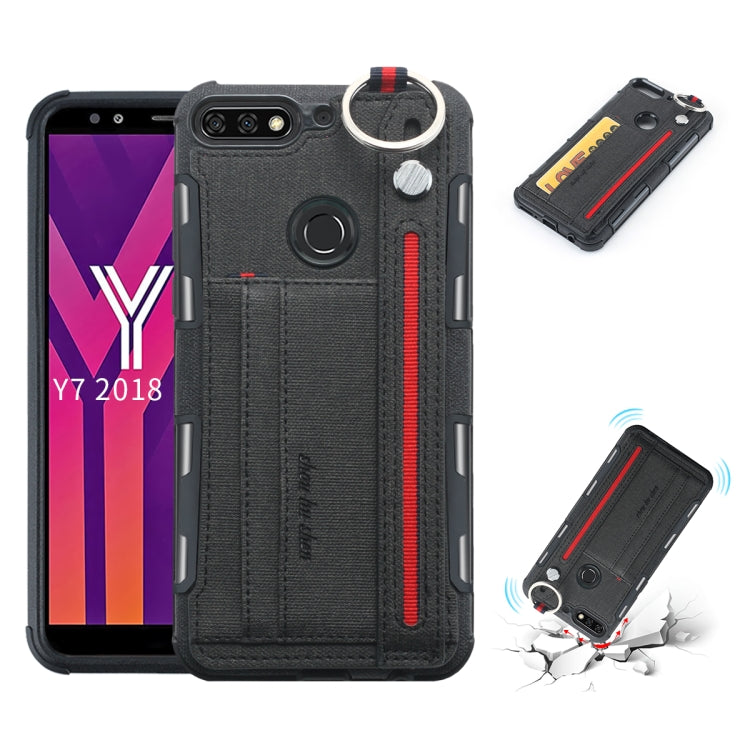 For Huawei Y7 (2018) Cloth Texture + TPU Shockproof Protective Case with Metal Ring & Holder & Card Slots & Hanging Strap
