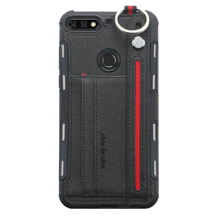 For Huawei Y7 (2018) Cloth Texture + TPU Shockproof Protective Case with Metal Ring & Holder & Card Slots & Hanging Strap