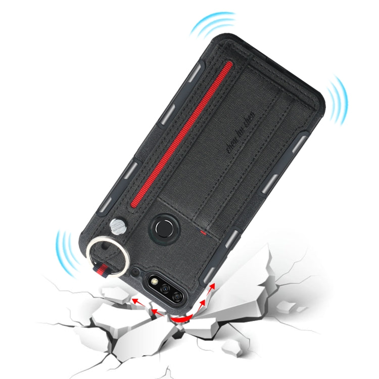 For Huawei Y7 (2018) Cloth Texture + TPU Shockproof Protective Case with Metal Ring & Holder & Card Slots & Hanging Strap