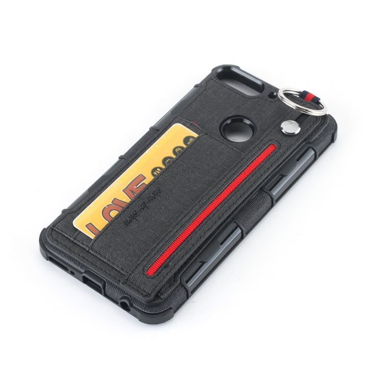 For Huawei Y7 (2018) Cloth Texture + TPU Shockproof Protective Case with Metal Ring & Holder & Card Slots & Hanging Strap
