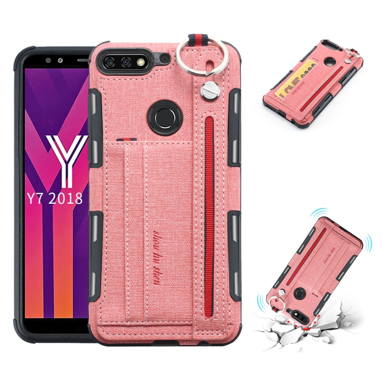 For Huawei Y7 (2018) Cloth Texture + TPU Shockproof Protective Case with Metal Ring & Holder & Card Slots & Hanging Strap