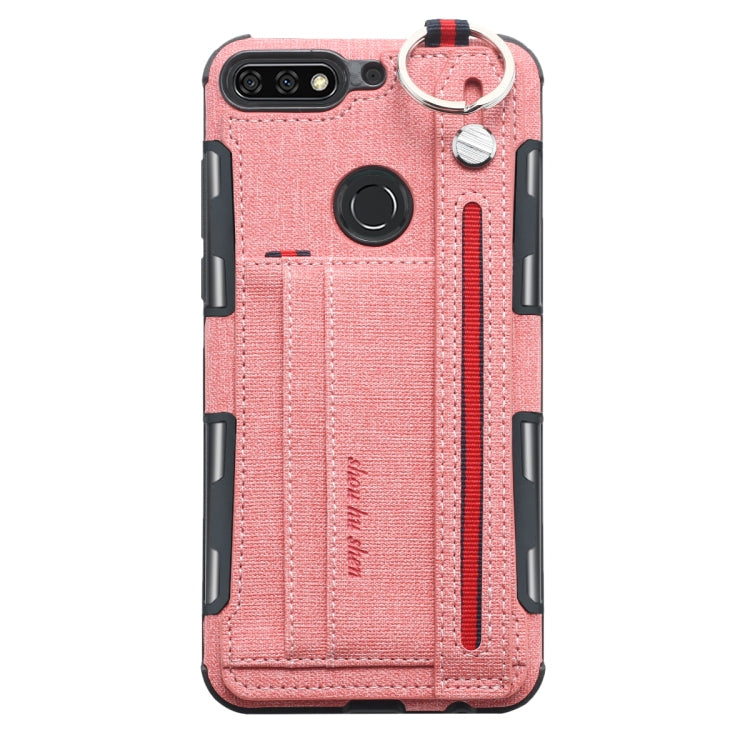 For Huawei Y7 (2018) Cloth Texture + TPU Shockproof Protective Case with Metal Ring & Holder & Card Slots & Hanging Strap