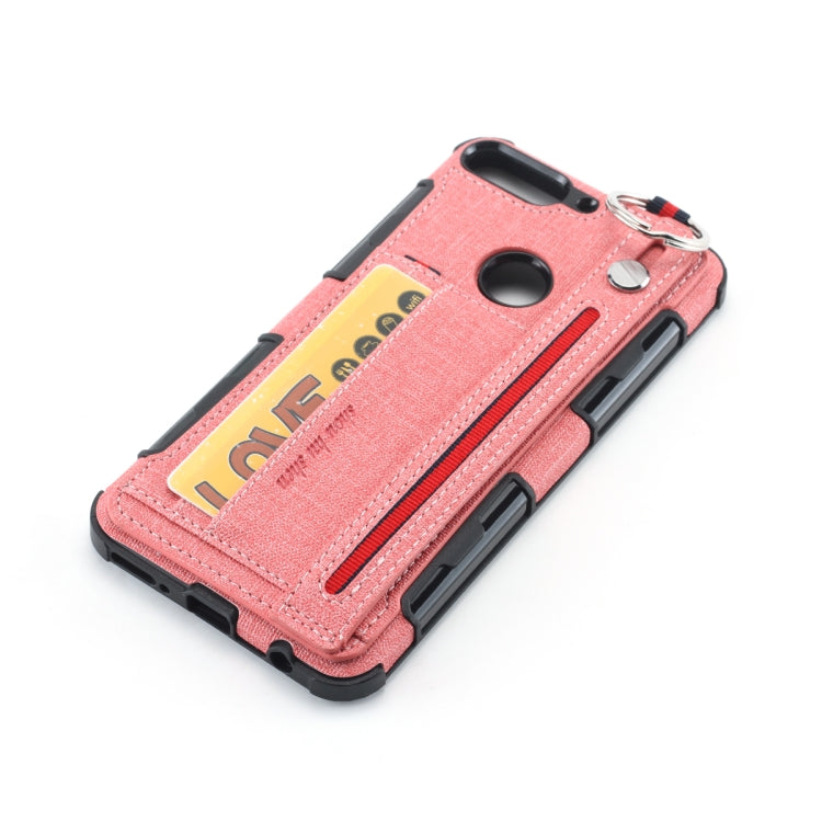 For Huawei Y7 (2018) Cloth Texture + TPU Shockproof Protective Case with Metal Ring & Holder & Card Slots & Hanging Strap