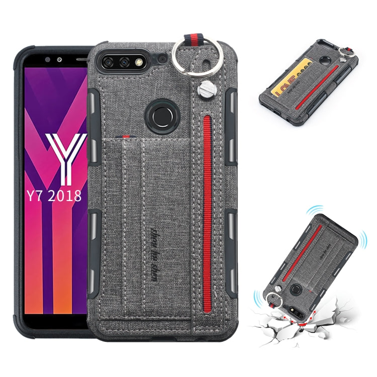 For Huawei Y7 (2018) Cloth Texture + TPU Shockproof Protective Case with Metal Ring & Holder & Card Slots & Hanging Strap
