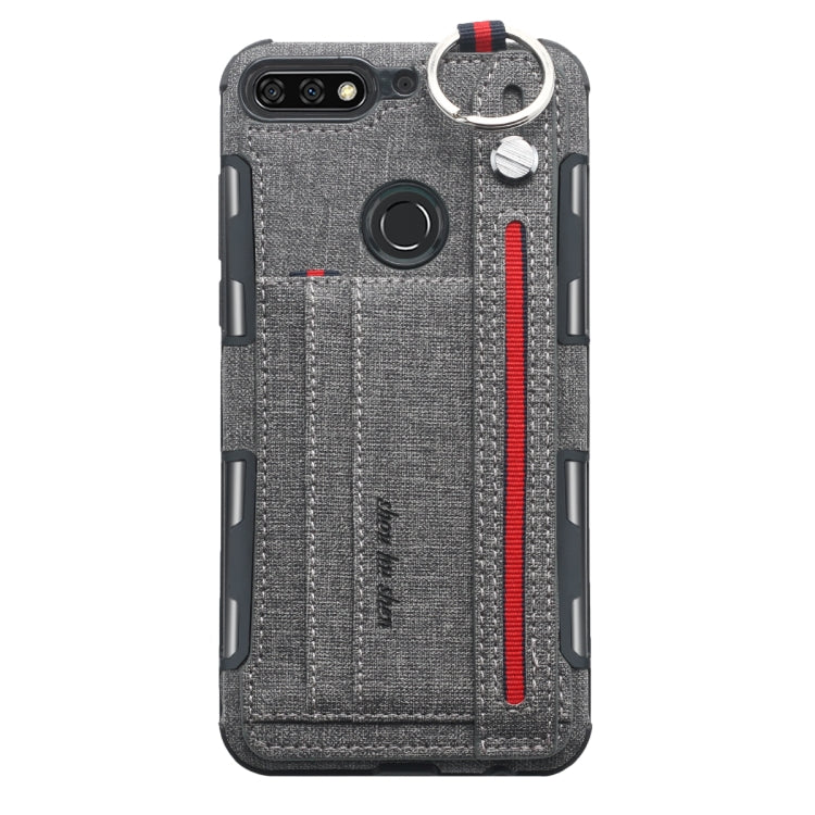 For Huawei Y7 (2018) Cloth Texture + TPU Shockproof Protective Case with Metal Ring & Holder & Card Slots & Hanging Strap