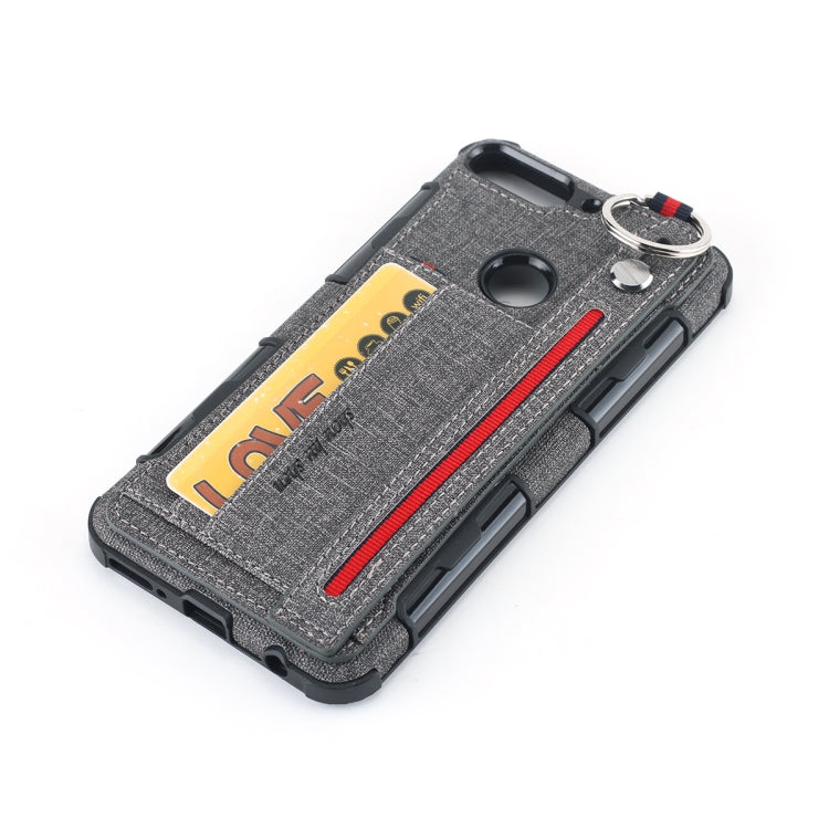 For Huawei Y7 (2018) Cloth Texture + TPU Shockproof Protective Case with Metal Ring & Holder & Card Slots & Hanging Strap