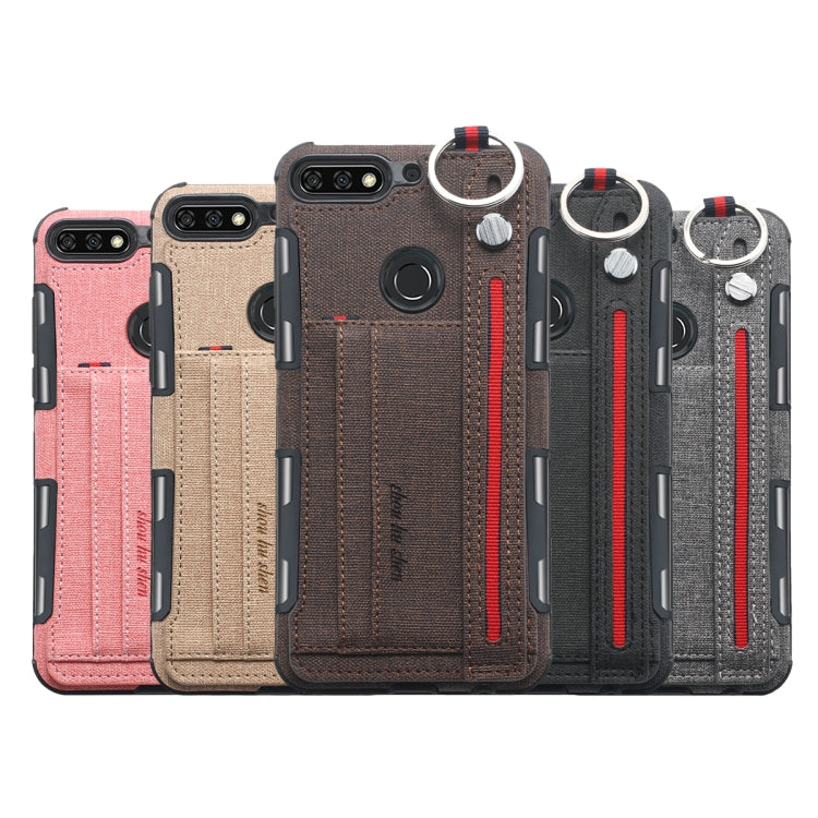 For Huawei Y7 (2018) Cloth Texture + TPU Shockproof Protective Case with Metal Ring & Holder & Card Slots & Hanging Strap
