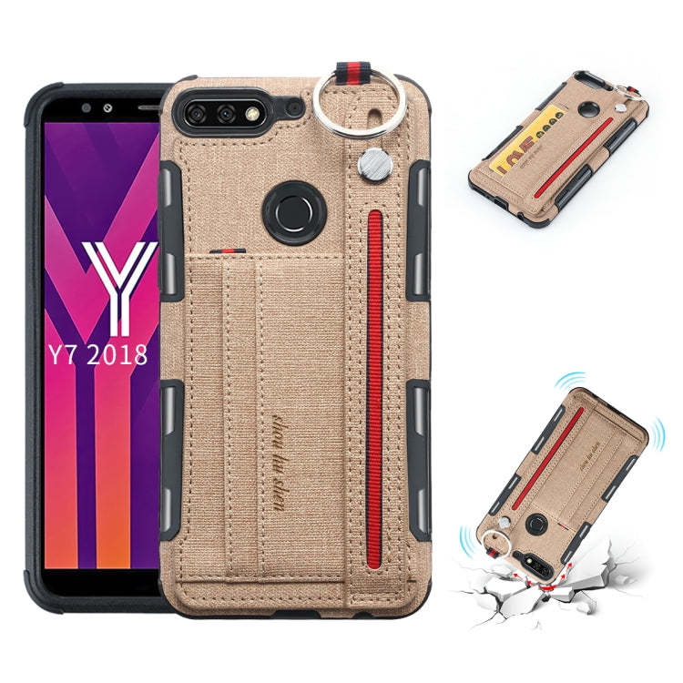 For Huawei Y7 (2018) Cloth Texture + TPU Shockproof Protective Case with Metal Ring & Holder & Card Slots & Hanging Strap