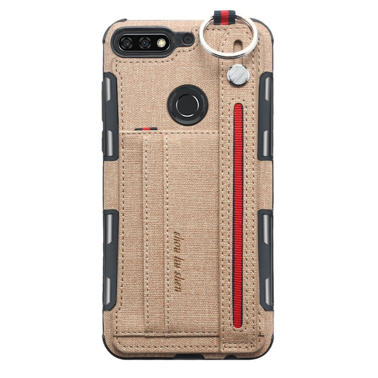 For Huawei Y7 (2018) Cloth Texture + TPU Shockproof Protective Case with Metal Ring & Holder & Card Slots & Hanging Strap