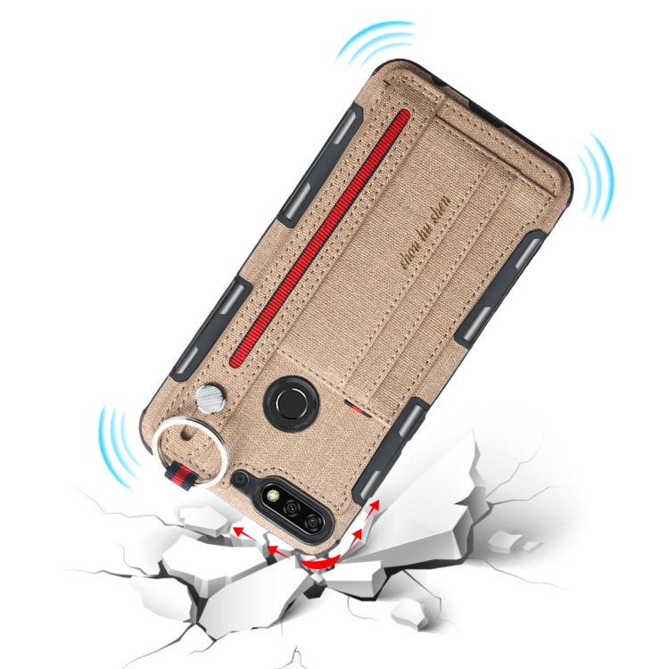 For Huawei Y7 (2018) Cloth Texture + TPU Shockproof Protective Case with Metal Ring & Holder & Card Slots & Hanging Strap