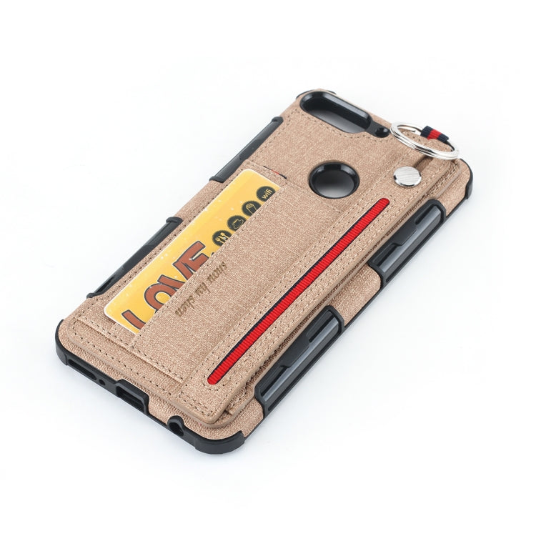 For Huawei Y7 (2018) Cloth Texture + TPU Shockproof Protective Case with Metal Ring & Holder & Card Slots & Hanging Strap