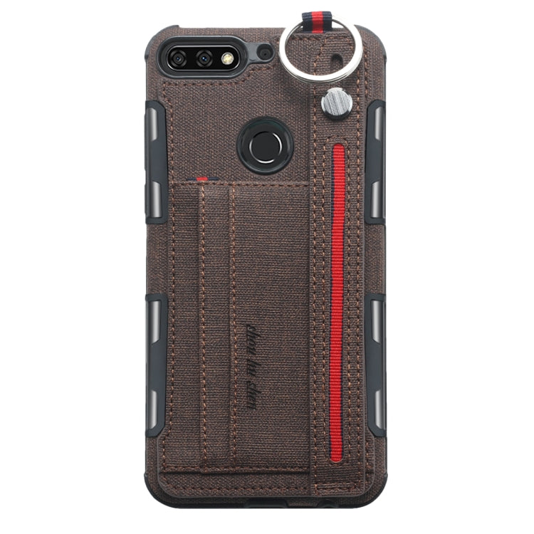 For Huawei Y7 (2018) Cloth Texture + TPU Shockproof Protective Case with Metal Ring & Holder & Card Slots & Hanging Strap