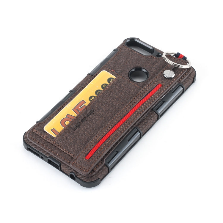 For Huawei Y7 (2018) Cloth Texture + TPU Shockproof Protective Case with Metal Ring & Holder & Card Slots & Hanging Strap