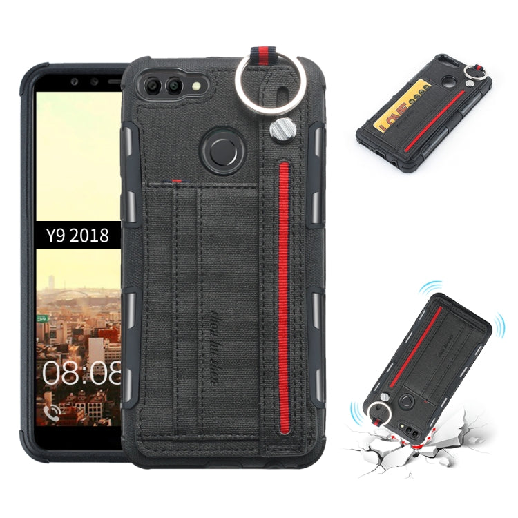 For Huawei Y9 (2018) Cloth Texture + TPU Shockproof Protective Case with Metal Ring & Holder & Card Slots & Hanging Strap