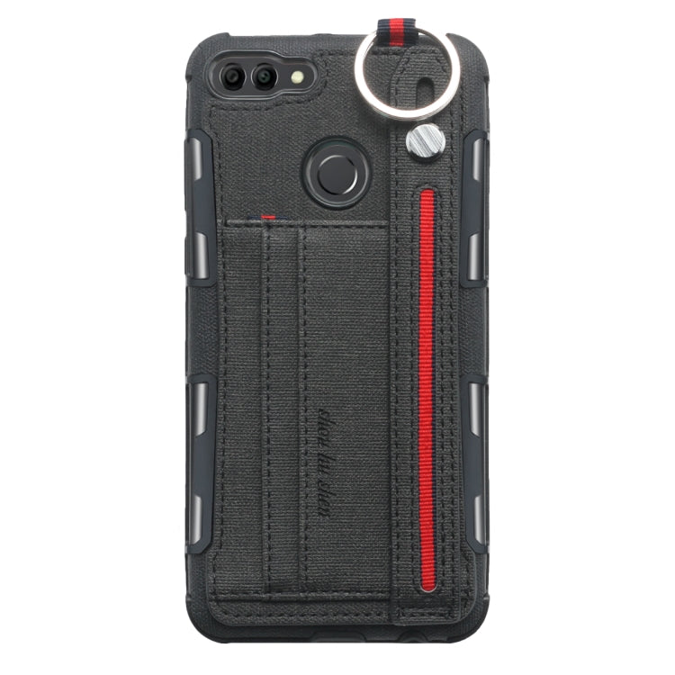 For Huawei Y9 (2018) Cloth Texture + TPU Shockproof Protective Case with Metal Ring & Holder & Card Slots & Hanging Strap