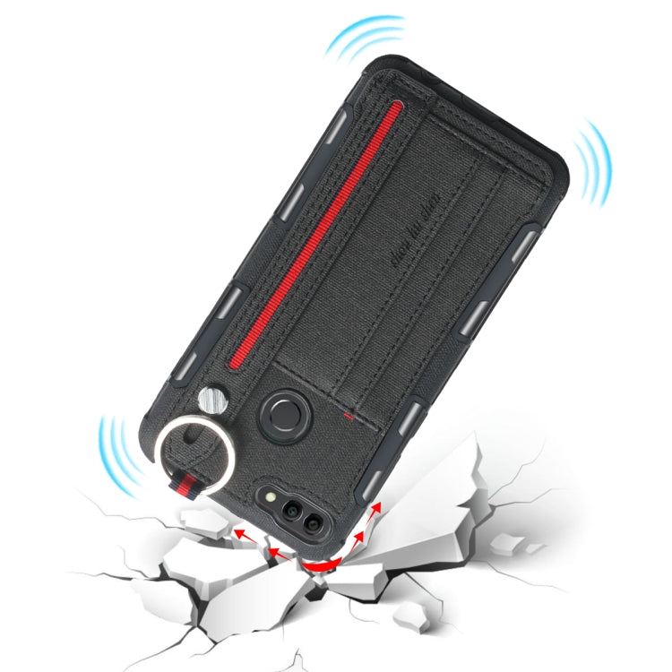 For Huawei Y9 (2018) Cloth Texture + TPU Shockproof Protective Case with Metal Ring & Holder & Card Slots & Hanging Strap