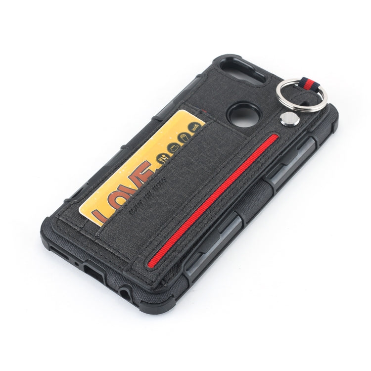 For Huawei Y9 (2018) Cloth Texture + TPU Shockproof Protective Case with Metal Ring & Holder & Card Slots & Hanging Strap