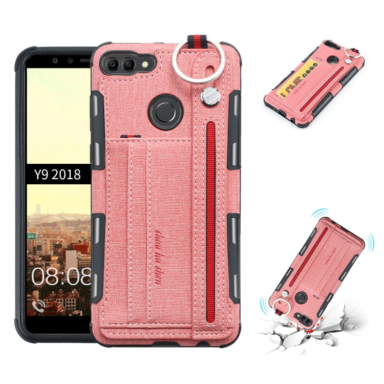 For Huawei Y9 (2018) Cloth Texture + TPU Shockproof Protective Case with Metal Ring & Holder & Card Slots & Hanging Strap