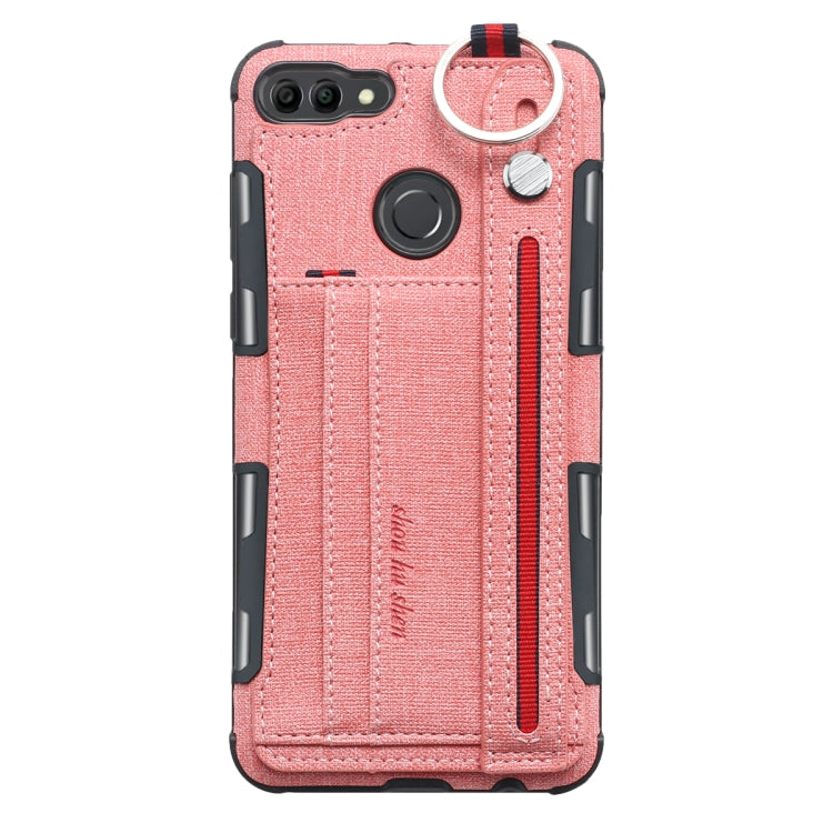 For Huawei Y9 (2018) Cloth Texture + TPU Shockproof Protective Case with Metal Ring & Holder & Card Slots & Hanging Strap