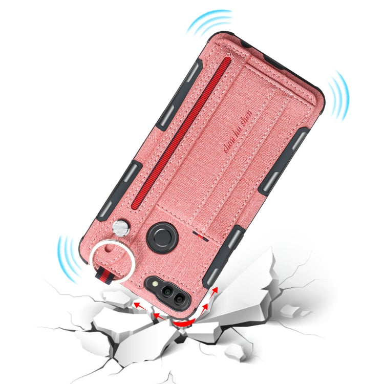 For Huawei Y9 (2018) Cloth Texture + TPU Shockproof Protective Case with Metal Ring & Holder & Card Slots & Hanging Strap