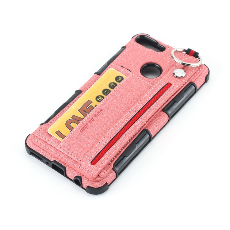 For Huawei Y9 (2018) Cloth Texture + TPU Shockproof Protective Case with Metal Ring & Holder & Card Slots & Hanging Strap