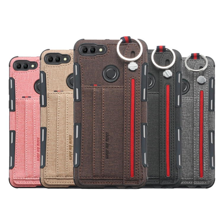 For Huawei Y9 (2018) Cloth Texture + TPU Shockproof Protective Case with Metal Ring & Holder & Card Slots & Hanging Strap