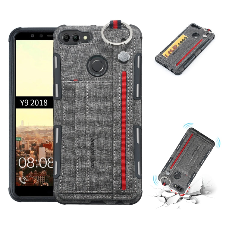 For Huawei Y9 (2018) Cloth Texture + TPU Shockproof Protective Case with Metal Ring & Holder & Card Slots & Hanging Strap