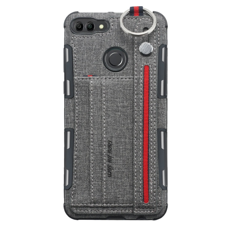 For Huawei Y9 (2018) Cloth Texture + TPU Shockproof Protective Case with Metal Ring & Holder & Card Slots & Hanging Strap