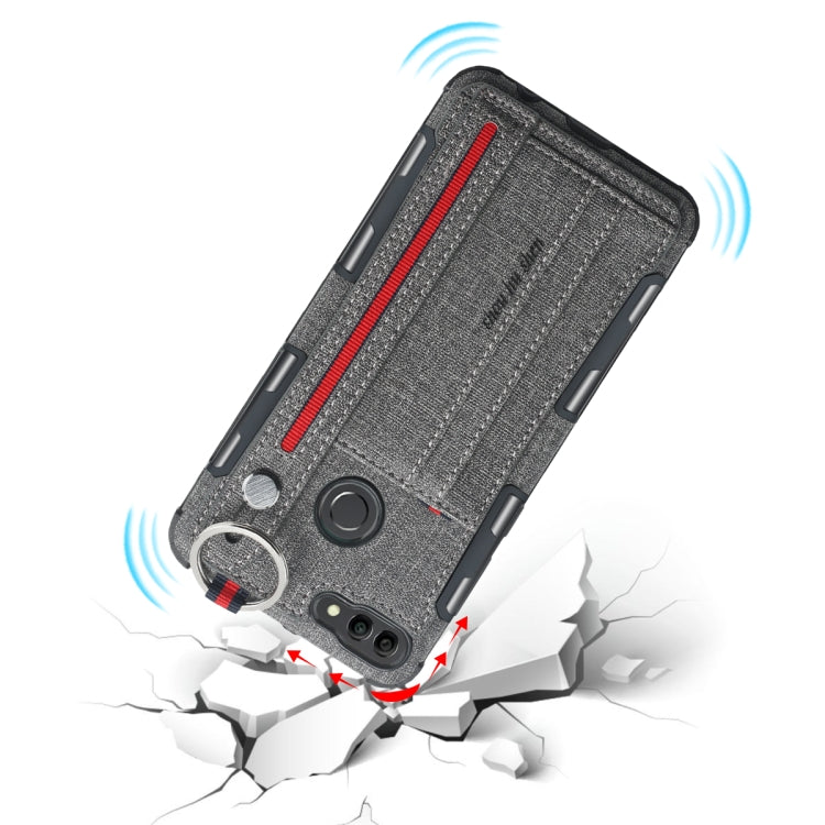 For Huawei Y9 (2018) Cloth Texture + TPU Shockproof Protective Case with Metal Ring & Holder & Card Slots & Hanging Strap