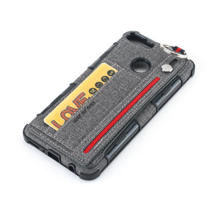 For Huawei Y9 (2018) Cloth Texture + TPU Shockproof Protective Case with Metal Ring & Holder & Card Slots & Hanging Strap