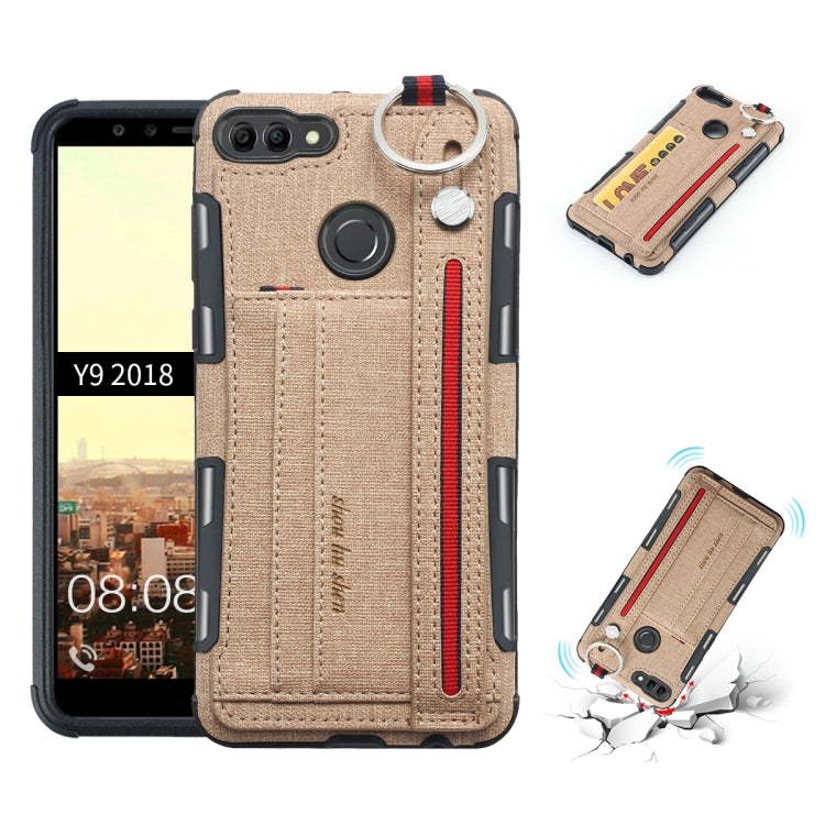 For Huawei Y9 (2018) Cloth Texture + TPU Shockproof Protective Case with Metal Ring & Holder & Card Slots & Hanging Strap