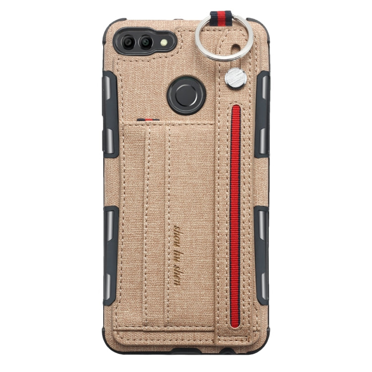 For Huawei Y9 (2018) Cloth Texture + TPU Shockproof Protective Case with Metal Ring & Holder & Card Slots & Hanging Strap