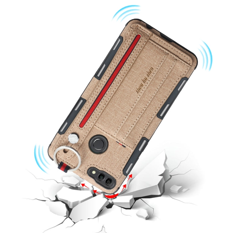For Huawei Y9 (2018) Cloth Texture + TPU Shockproof Protective Case with Metal Ring & Holder & Card Slots & Hanging Strap