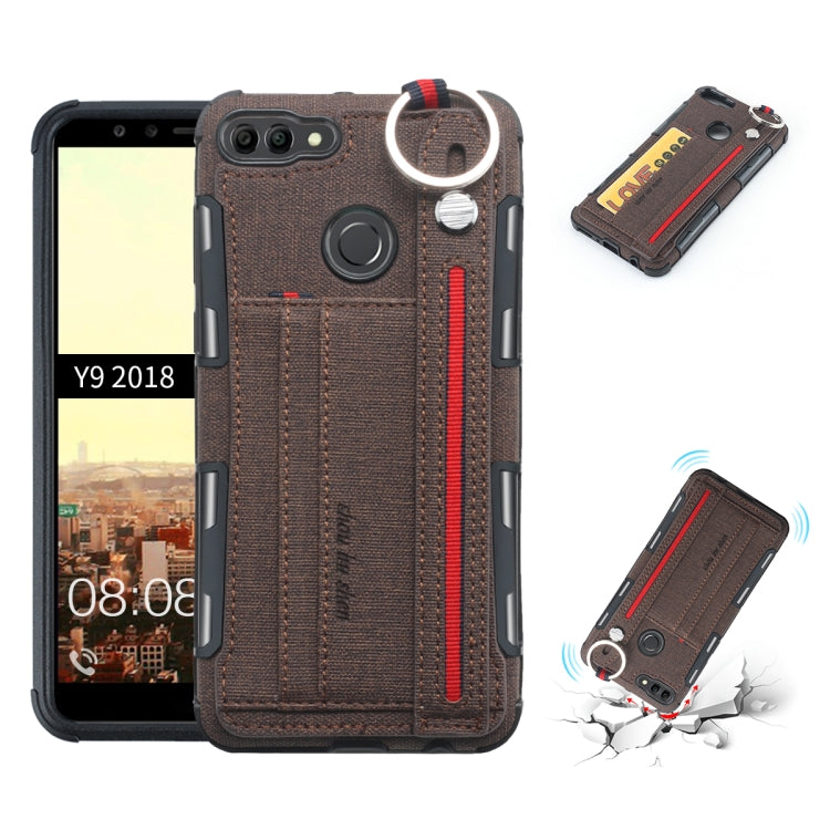 For Huawei Y9 (2018) Cloth Texture + TPU Shockproof Protective Case with Metal Ring & Holder & Card Slots & Hanging Strap