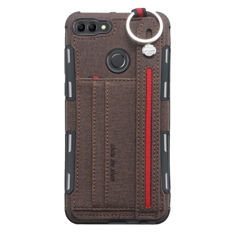 For Huawei Y9 (2018) Cloth Texture + TPU Shockproof Protective Case with Metal Ring & Holder & Card Slots & Hanging Strap