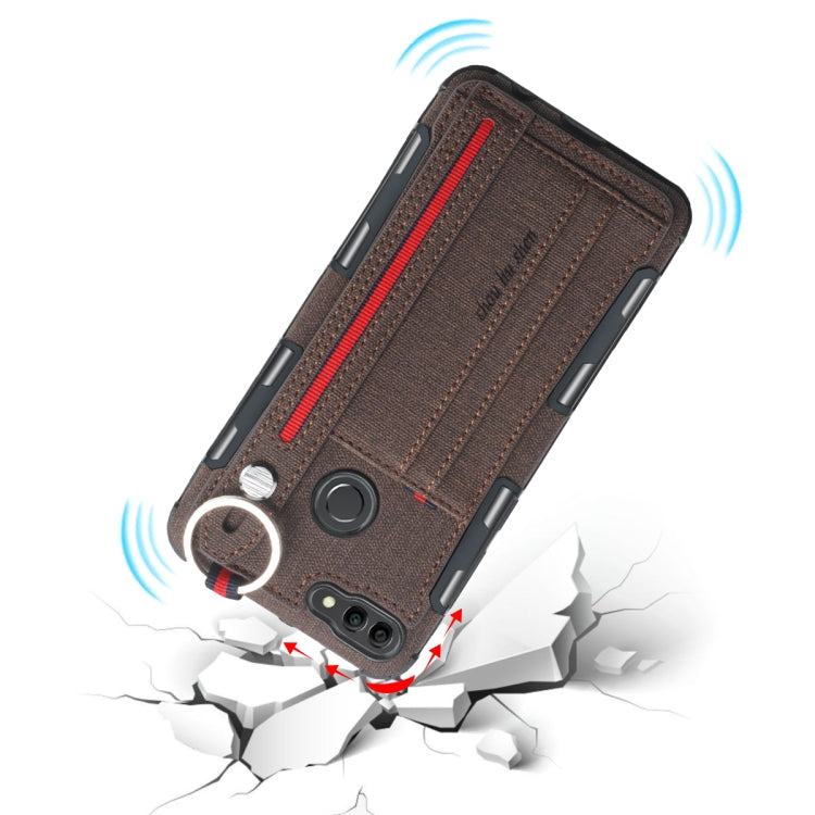 For Huawei Y9 (2018) Cloth Texture + TPU Shockproof Protective Case with Metal Ring & Holder & Card Slots & Hanging Strap